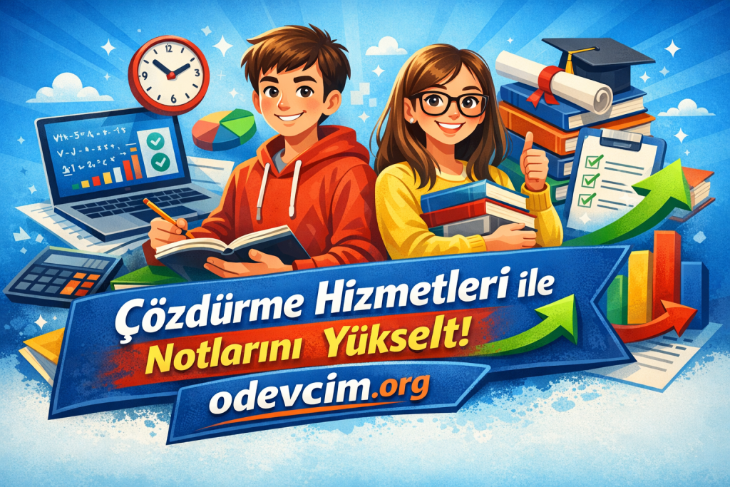 İki öğrenciyle renkli eğitim afişi; üzerinde 'Çözdürme Hizmetleri ile Notlarınızı Yükselt!' ve odevim.org yazıyor.Çok kısa hedefli bir eğitim reklamı.