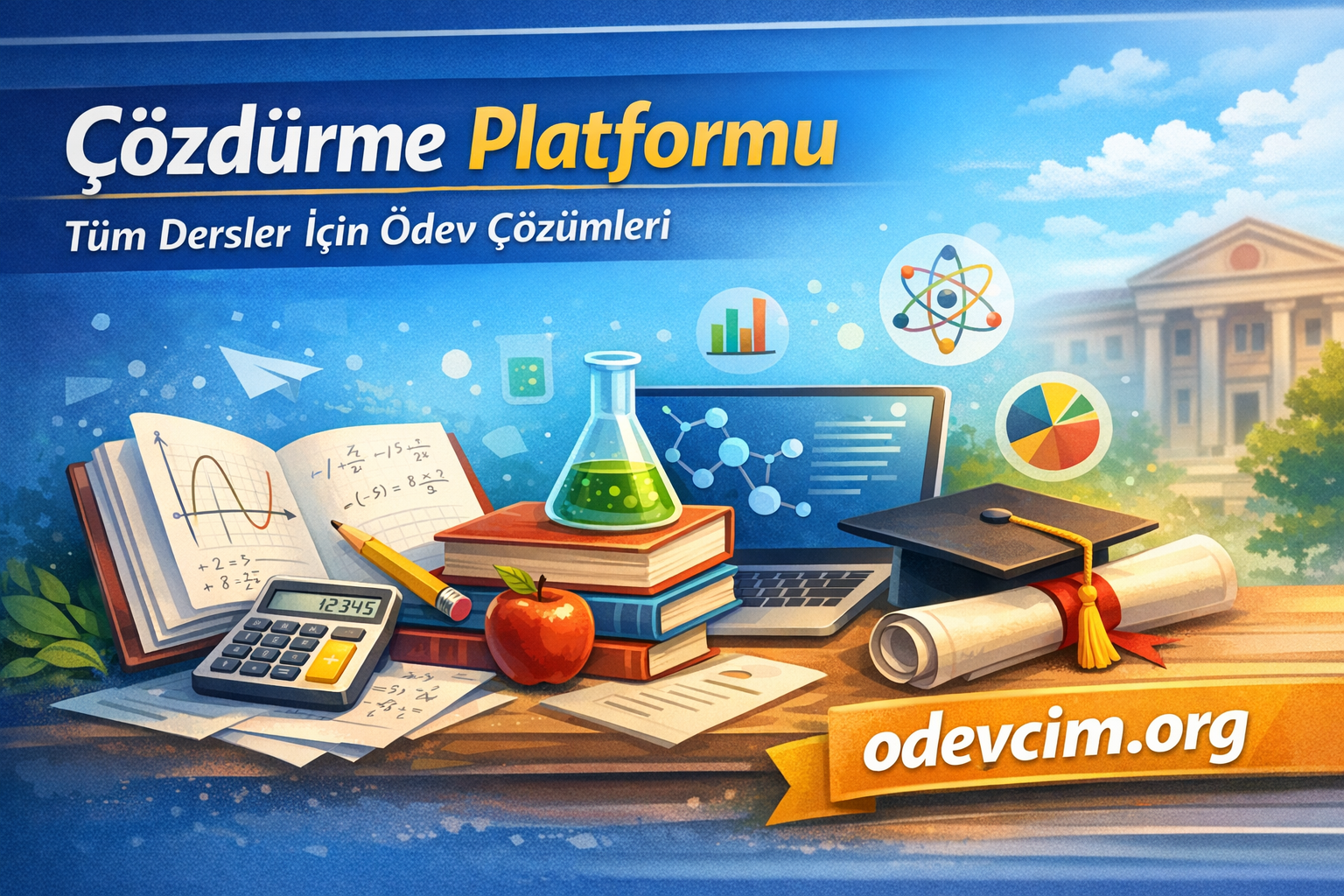 Educational scene promoting a tutoring platform; desk with books, calculator, apple, lab flask, graduation cap, laptop, and 'odevcim.org' banner in warm colors.