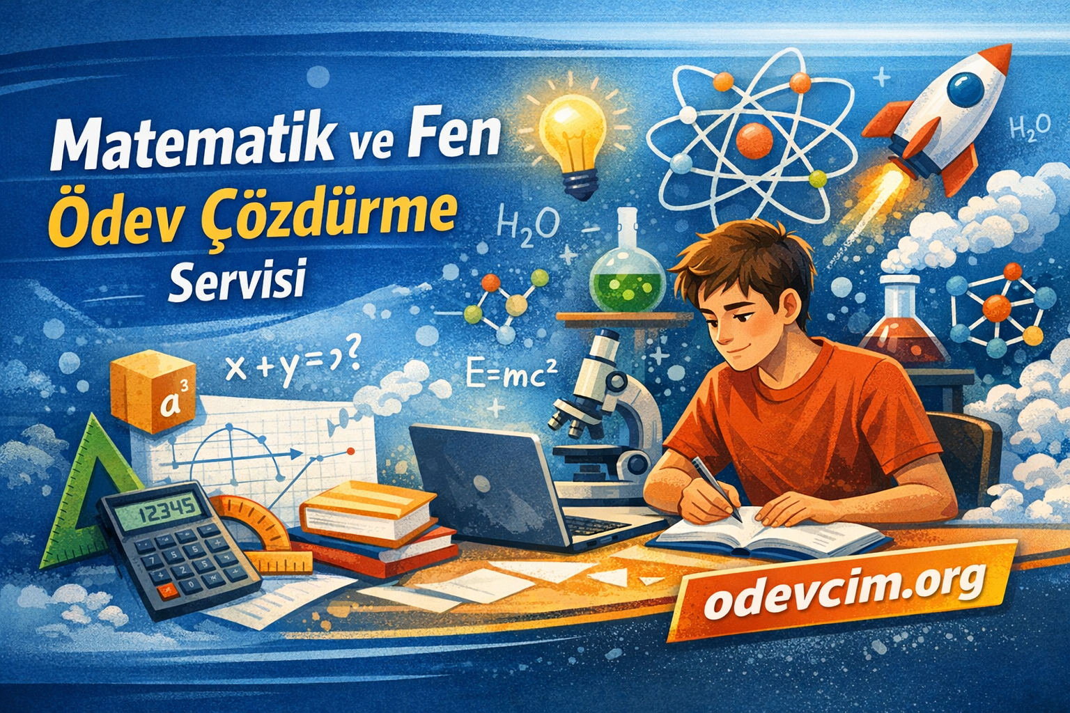 Turkish: Matematik ve Fen Ödev Çözüm Servisi; genç öğrenci laboratuvar ortamında çalışıyor, laptop, mikroskop, kitaplar ve bilim simgeleriyle desteklenen çalışmayı gösterir.
