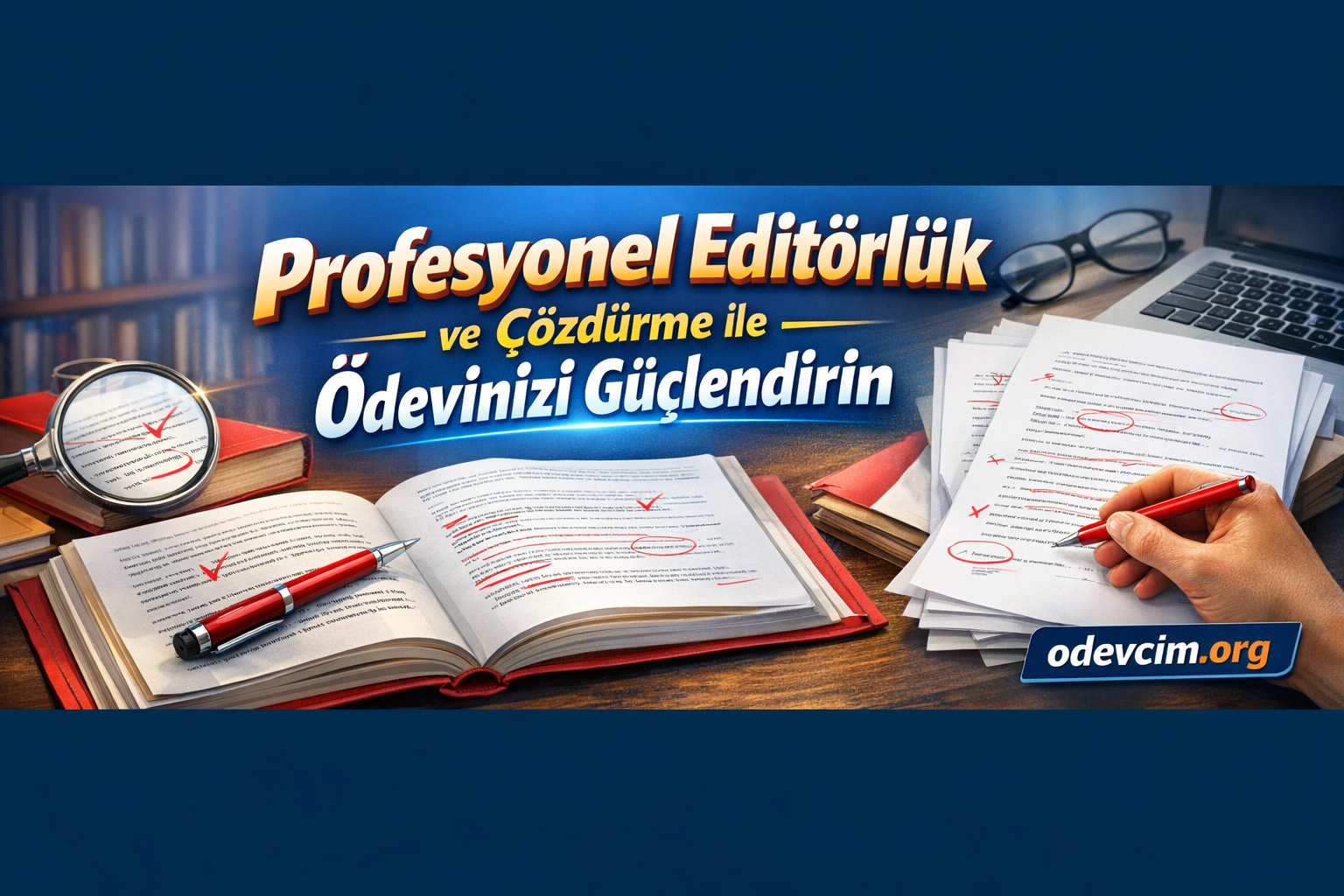 Turkish banner offering professional editing to strengthen your homework, shown with books, papers, and a magnifying glass on a study desk.