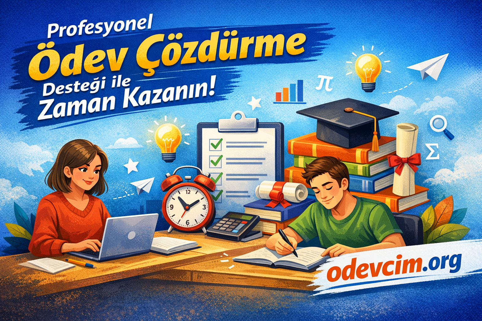 İki öğrenci masa başında çalışıyor; bilgisayar, kitaplar ve bir kontrol listesi eşliğinde ödev yardımı temasını aktaran görsel.