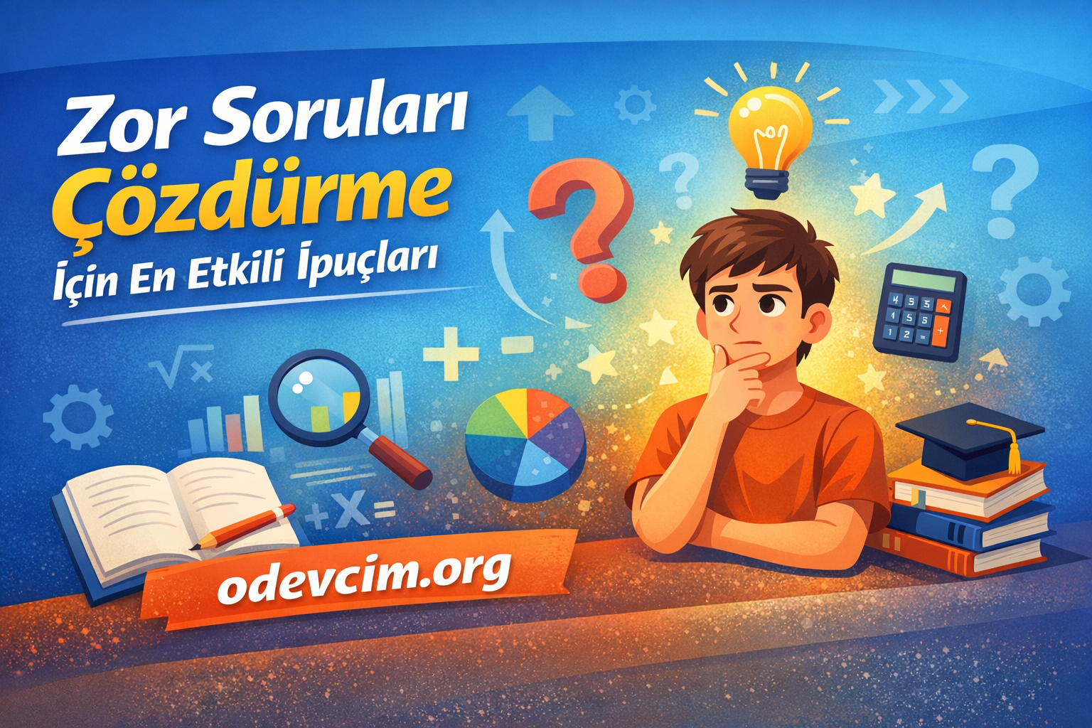 Turkish educational banner: 'Zor Soruları Çözdürme İçin En Etkili İpuçları' with a thoughtful student, light bulb, math icons, and 'odevcim.org' at bottom left.