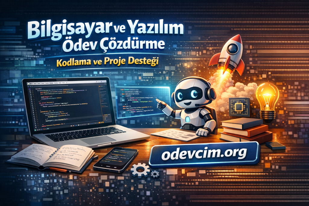 Cartoon robot with headphones at a desk with code on laptop screens and a rocket taking off, promoting odevcim.org.