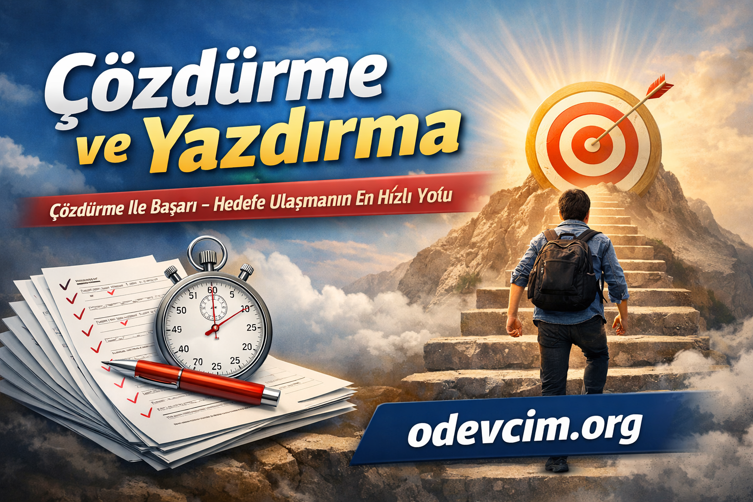 Student with backpack climbs stairs toward a large bullseye target on a sunlit hill, symbolizing reaching a goal; odevcim.org banner visible on the right.