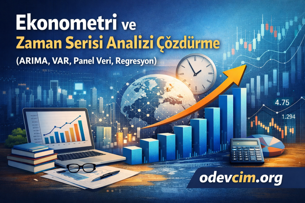 Ekonomometri ve Zaman Serisi Analizi konulu eğitim afişi; yükselen grafikler, dünya küresi, saat ve bilgisayar ile odvcim.org logosu gösteriliyor.