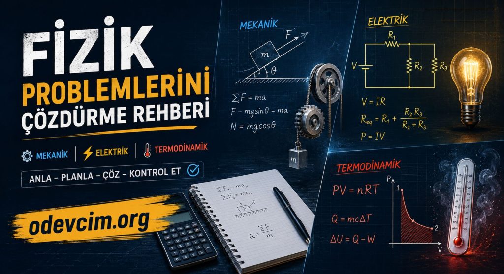 Turkish collage advertising a physics problem-solving guide with sections Mechanics, Electricity, and Thermodynamics on a chalkboard background