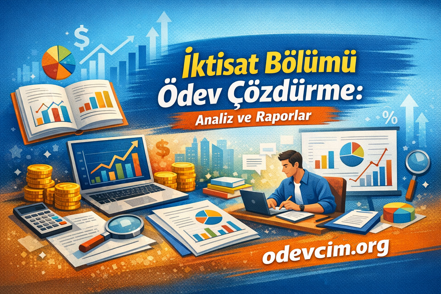 Student at a cluttered desk analyzes charts on a laptop, with coins, graphs, and reports—Turkish text about economics homework and analysis.