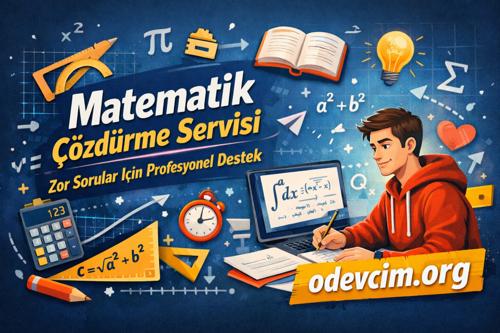 Promotional banner for Matematik Çözümüne Servisi showing a student studying with calculator, clock, book, laptop, and the 'odevcim.org' banner.