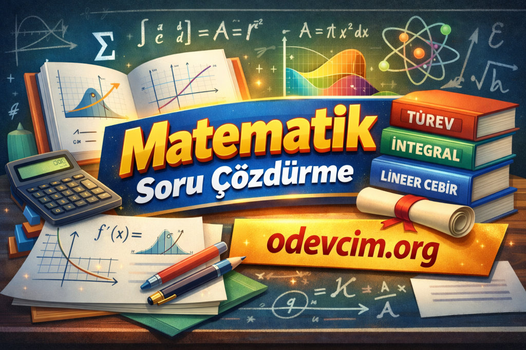 Colorful math study poster with 'Matematik Soru Çözdürme', books, calculator, graphs, and odevcim.org