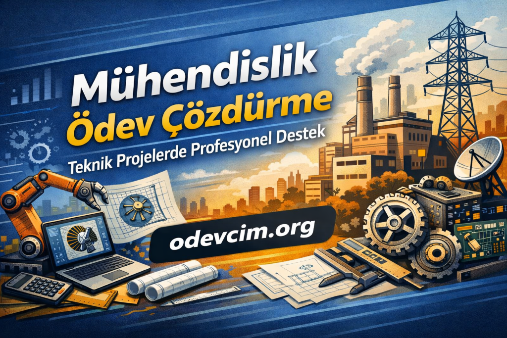 Industry-themed banner advertising engineering assignment help with a robotic arm, gears, blueprints, and factory skyline; visit odevcim.org.