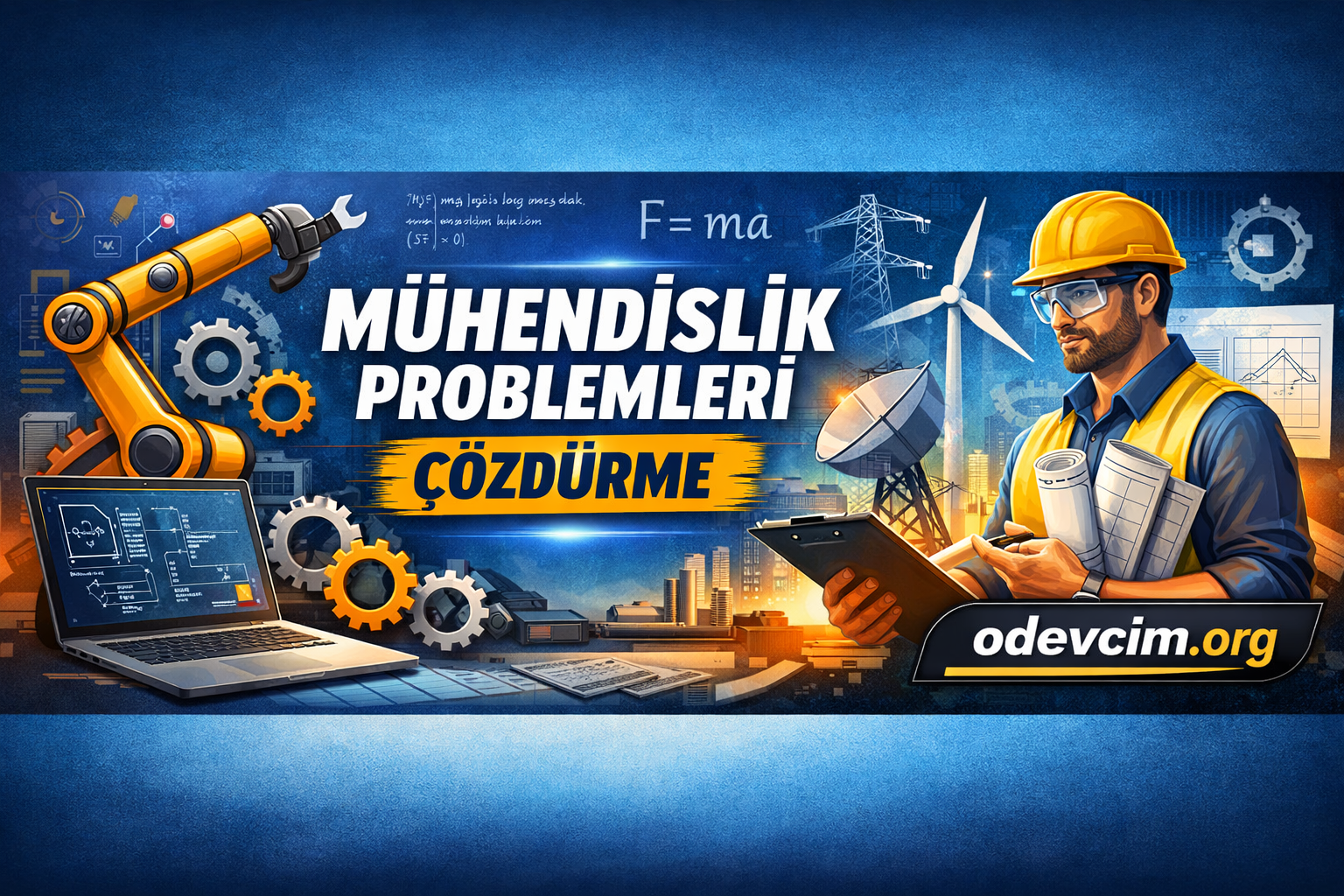 Mühendislik Problemleri Çözdürme | Ödevcim (Ücretli Soru Çözdürme) Engineering themed banner with a robotic arm, gears, laptop, and an engineer holding blueprints against a blue tech background and Turkish text about solving engineering problems (MÜHENDİSLİK PROBLEMLERİ ÇÖZDÜRME). The