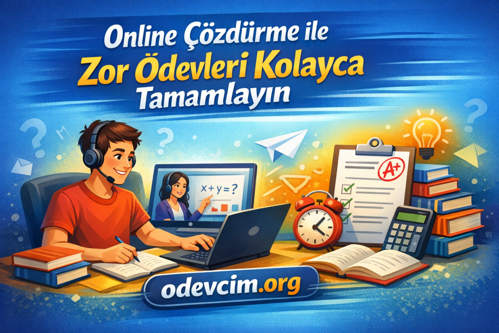 Turkish banner promoting online homework help: two students at a desk with laptops, books, clock and clipboard, featuring 'odevcim.org'.