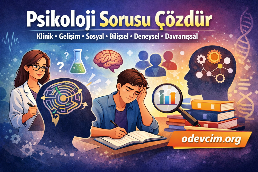 Colorful infographic about psychology problem solving, featuring a student studying, a scientist, brain diagrams, and a magnifying glass.