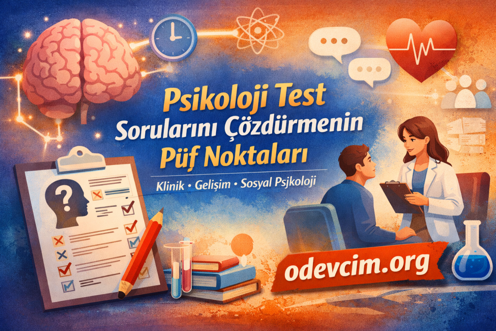 Turkish poster for a psychology test: brain, doctor with patient, clipboard, lab beaker, and study icons; features odevcim.org.