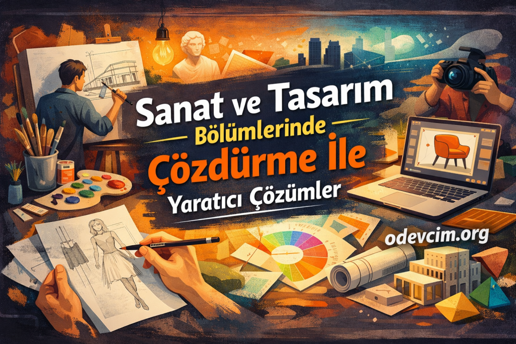 Vibrant poster showing art and design studio tools—a painter at work, sketches, a color wheel, a camera, and a laptop—promoting art and design programs.