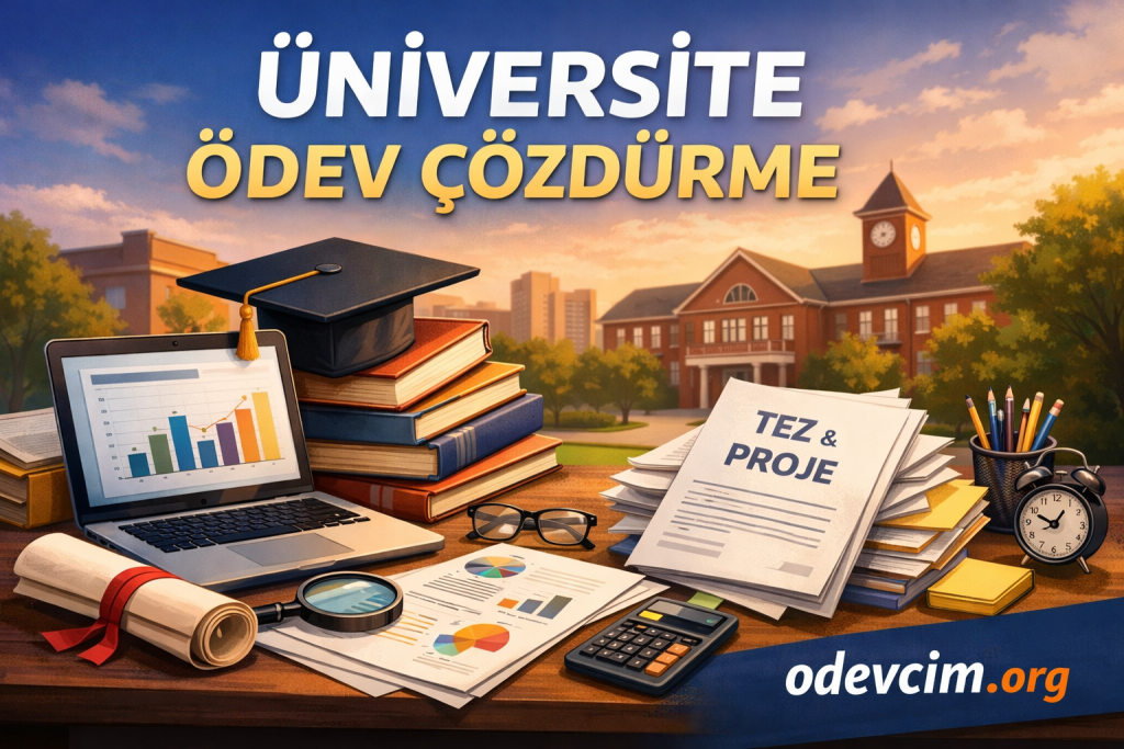 Student desk on campus with laptop, a graduation cap, stacked books, and a folder reading 'TEZ & PROJE' against a university building backdrop; clock, glasses, and pencils nearby.