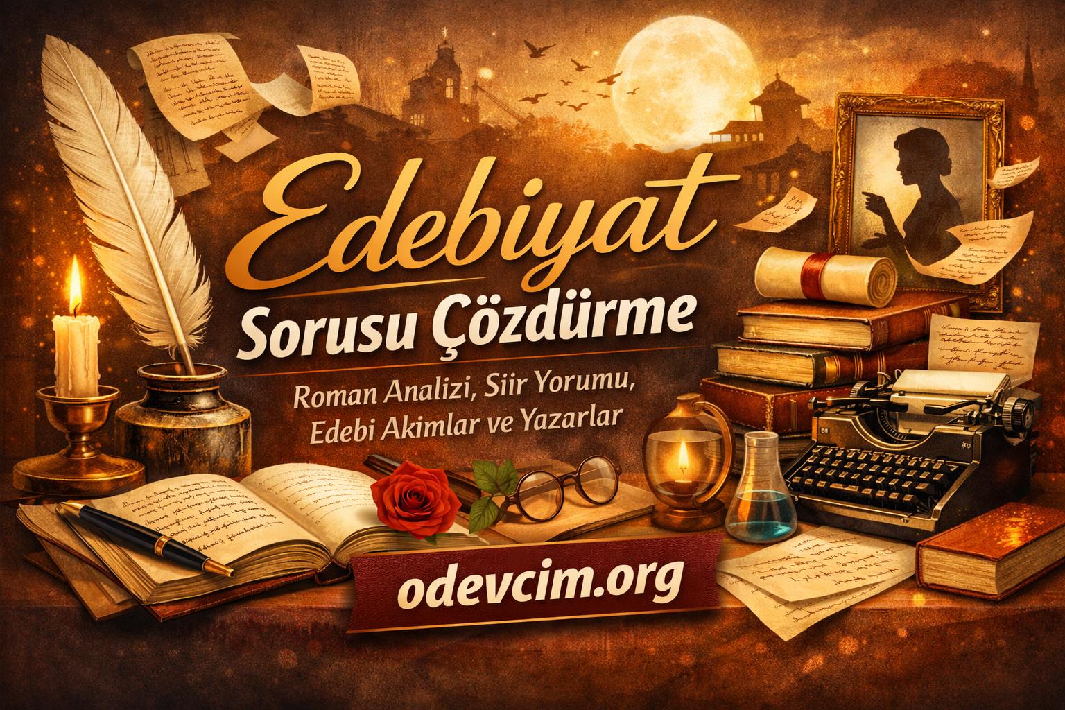 Vintage desk with candle, quill, ink bottle, books, rose, glasses and a typewriter advertising edebiyat analysis tutoring site odevcim.org (Turkish).