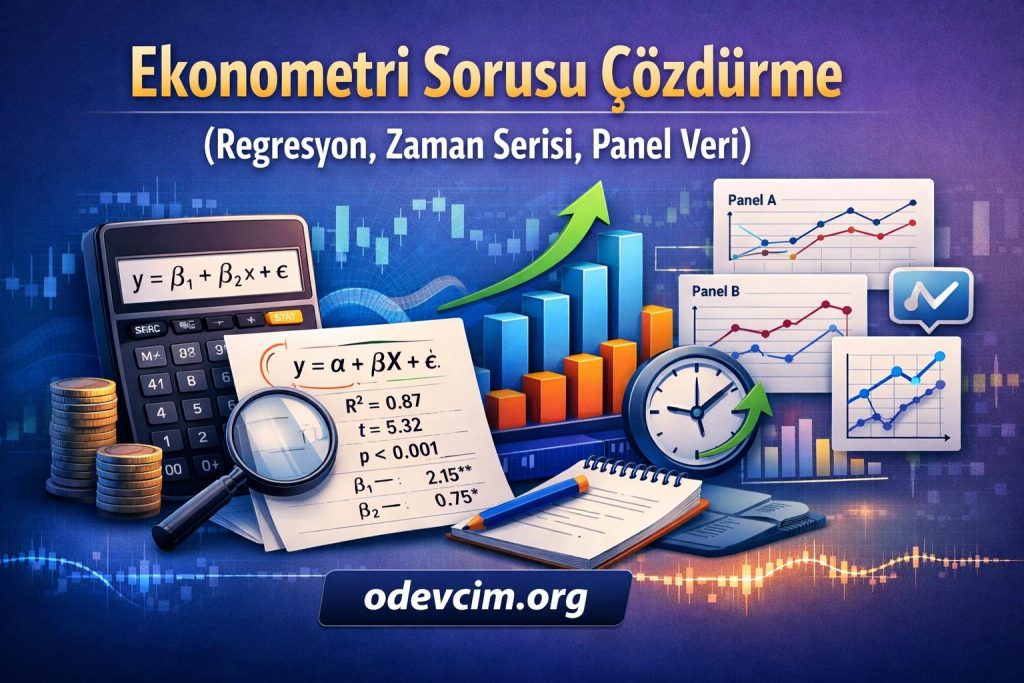 Turkish econometrics problem-solving banner with charts, formulas, calculator, and odevcim.org site.