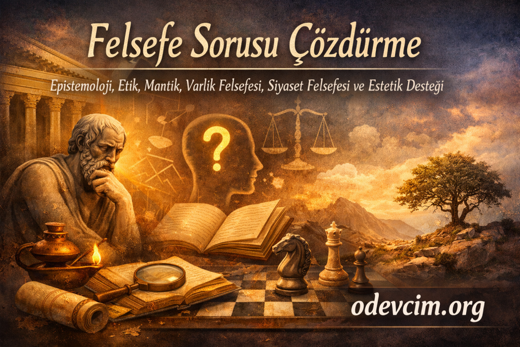 Philosophy-themed banner featuring a thinker, scales, an open book, and a chessboard with 'odevcim.org' text on a warm, vintage background.
