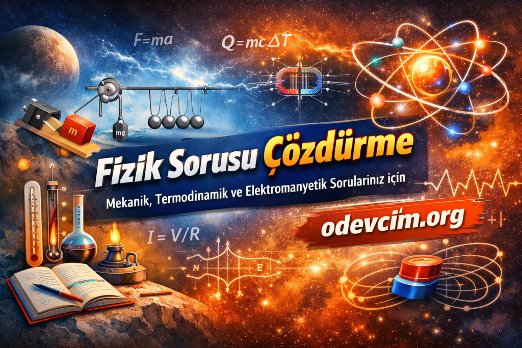 Turkish physics education poster with lab equipment, formulas, and the site odevcim.org