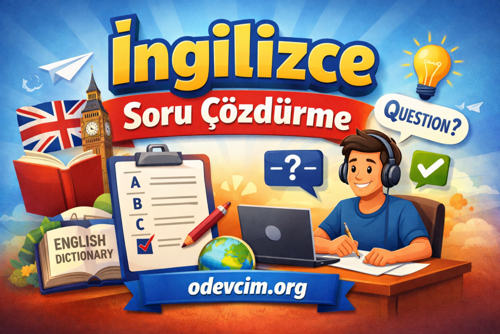 Bright educational banner promoting English practice with a student at a laptop, a dictionary, globe, and British flag over a blue backdrop.