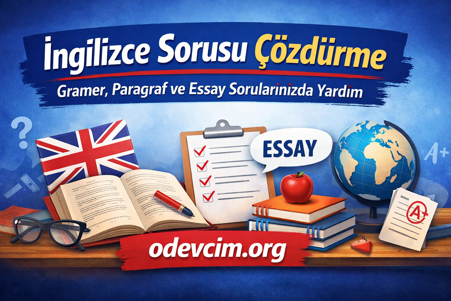 İngilizce soruları çözümüne yönelik bir afiş: Büyük başlık, kitaplar, dünya haritası ve ‘ESSAY’ balonuyle eğitim teması ile odav.com sitesi reklamı.