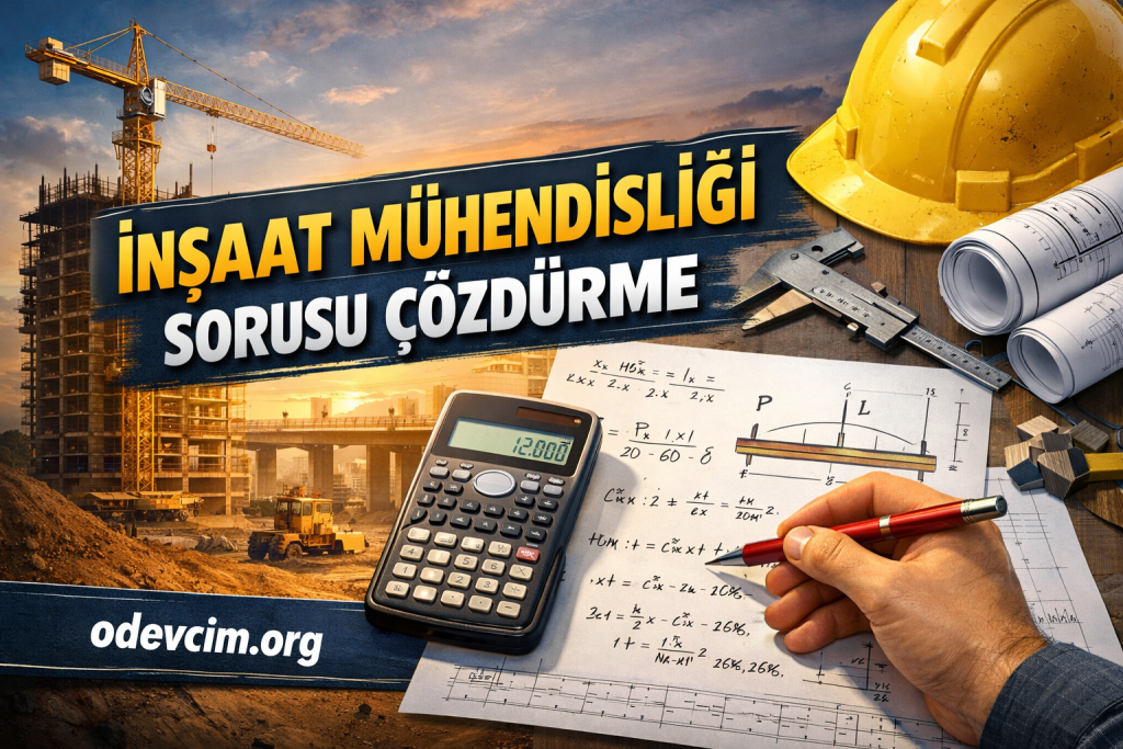 Şantiyede vinç ve iskeleler ön planda; kask, hesap makinesi ve teknik çizimler ile inşaat mühendisliği konulu görsel.