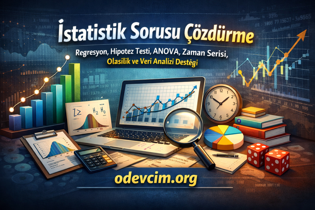 Turkish banner advertising statistics help with graphs, laptop showing charts, magnifying glass, clock, books, dice, and a pie chart; website odevcim.org in yellow text.