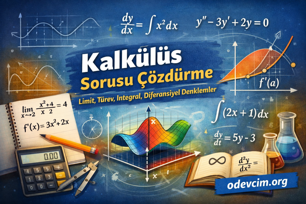 Colorful calculus-themed banner featuring Turkish titles, mathematical graphs, formulas, a rainbow 3D surface, and a notebook with calculations beside a calculator and lab glassware; bottom right shows odevcim.org.