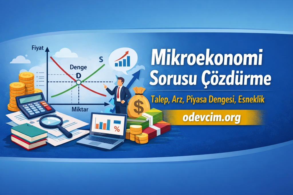 Mikroekonomi Sorusu Çözümleme afişi; grafikler, para yığımları, hesap makinesi, kitaplar ve bir işadamı grafiğe bakıyor. odevcim.org yazısı da görünüyor.