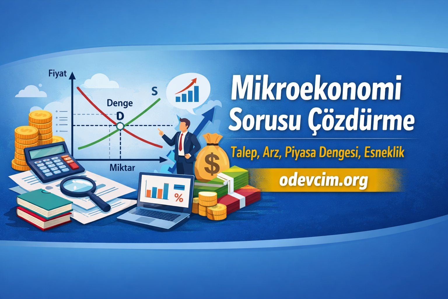 Mikroekonomi Sorusu Çözümleme afişi; grafikler, para yığımları, hesap makinesi, kitaplar ve bir işadamı grafiğe bakıyor. odevcim.org yazısı da görünüyor.