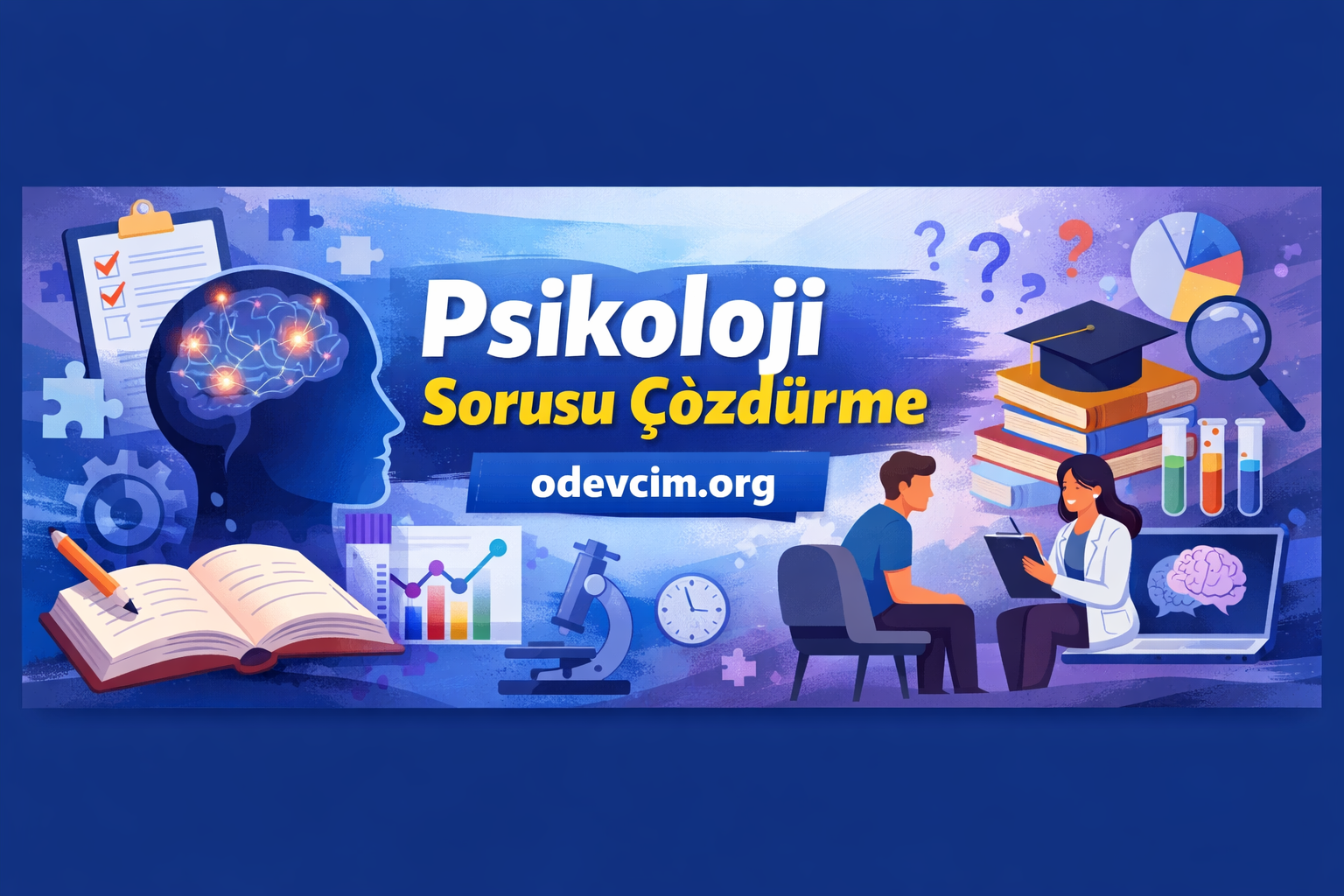 Bright banner promoting psychology help with brain illustration, books, charts, and two people consulting; reads 'Psikoloji Sorusu ÇözümE' and 'odevcim.org'