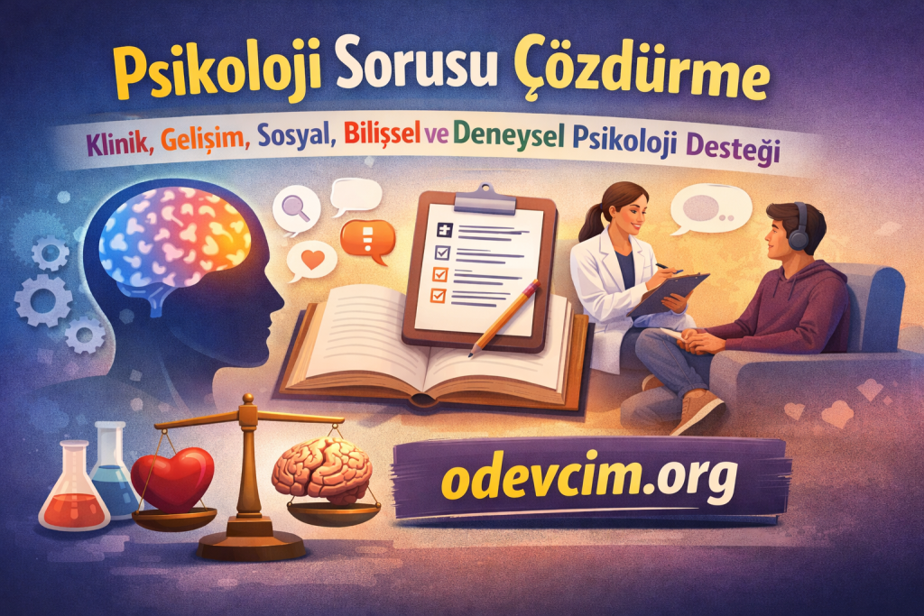 Psikolojiyle ilgili yardımcı hizmetleri tanıtan afiş: klinik, gelişim, sosyal, bilişsel ve deneysel psikoloji desteği vurgulanıyor.
