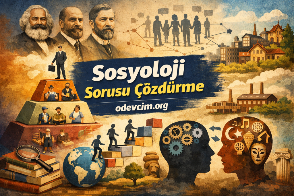 Collage-style banner advertising sociology problem solving, with portraits, students, gears, books, and a globe around Turkish text 'Sosyoloji Sorusu Çözdürme'.