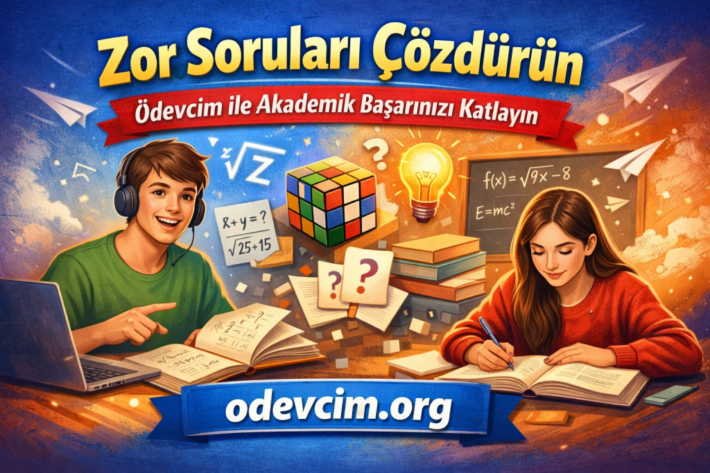 İki öğrenci masa başında ders çalışıyor; notlar, kitaplar ve bir Rubik Küpü önlerinde, renkli eğitim afişleri arkada.