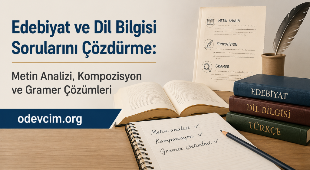 Promotional banner for odevcim.org: Turkish language and literature topics with a large headline, open book, notebook, quill, and stacked labeled books (Edebiyat, Dil Bilgisi, Türkçe).
