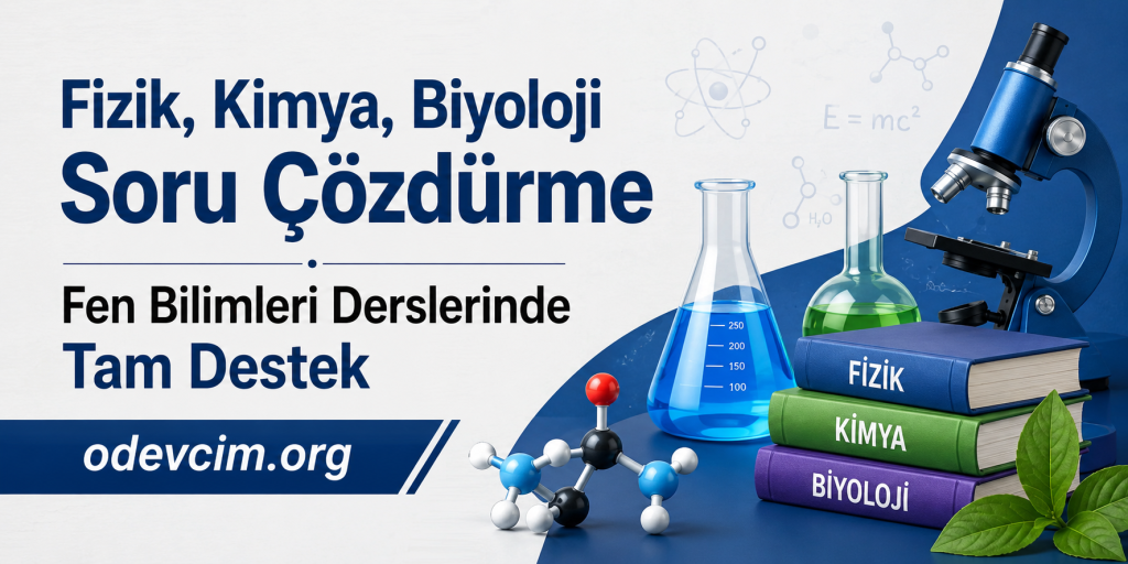 Turkish banner promoting physics, chemistry, and biology problem solving with lab glassware and stacked textbooks. odevcim.org