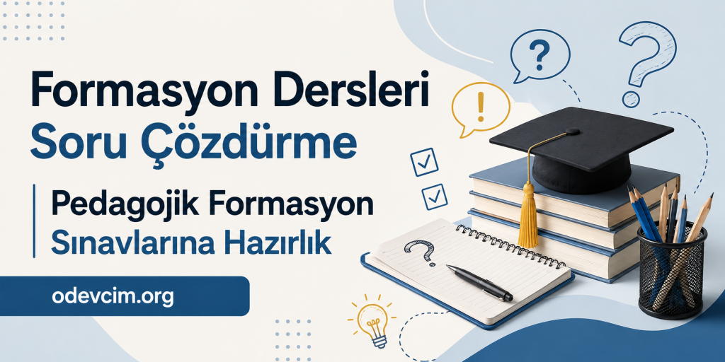 Formasyon dersleri soru çözümü ve pedagojik formasyon sınavlarına hazırlık için reklam bannerı; mezuniyet şapkası, kitaplar, not defteri ve kalemlerle bir arada.