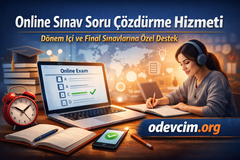 Student with headphones studying at a laptop showing an Online Exam page with multiple choice options, surrounded by books and a red alarm clock; odevcim.org banner.