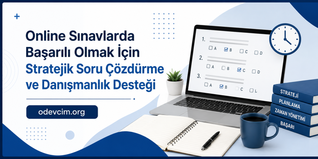 Turkish banner promoting online exams and strategic problem solving with a laptop, clock, notebook, cup of coffee, and books labelled Strateji, Planlama, Zaman Yönetimi, Başarı; site odevim.org mentioned.