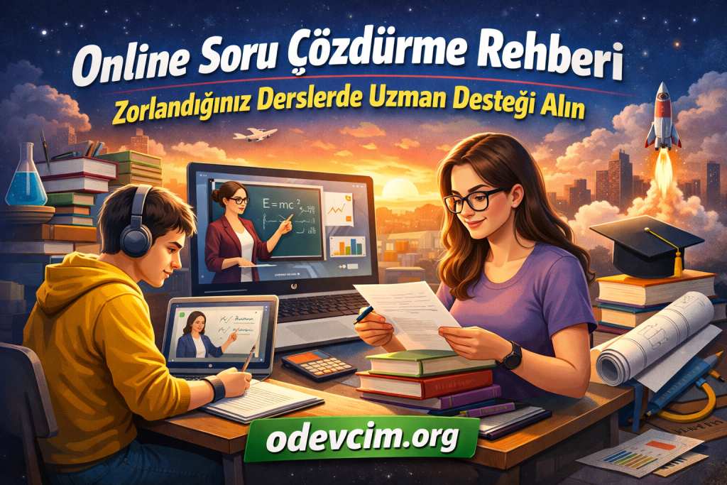 Online tutoring scene: a student with headphones studies while a teacher appears on a laptop screen with a chalkboard show. (odevim.org)
