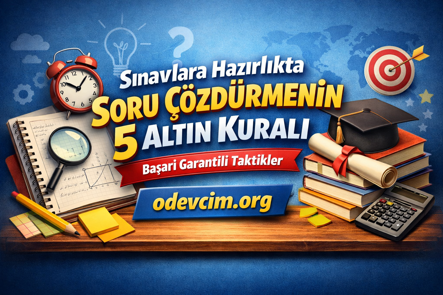 Turkish study-promo banner advertising five golden rules for solving exam questions, with books, graduation cap, clock, magnifying glass, and a target, plus odevcim.org in bold text.
