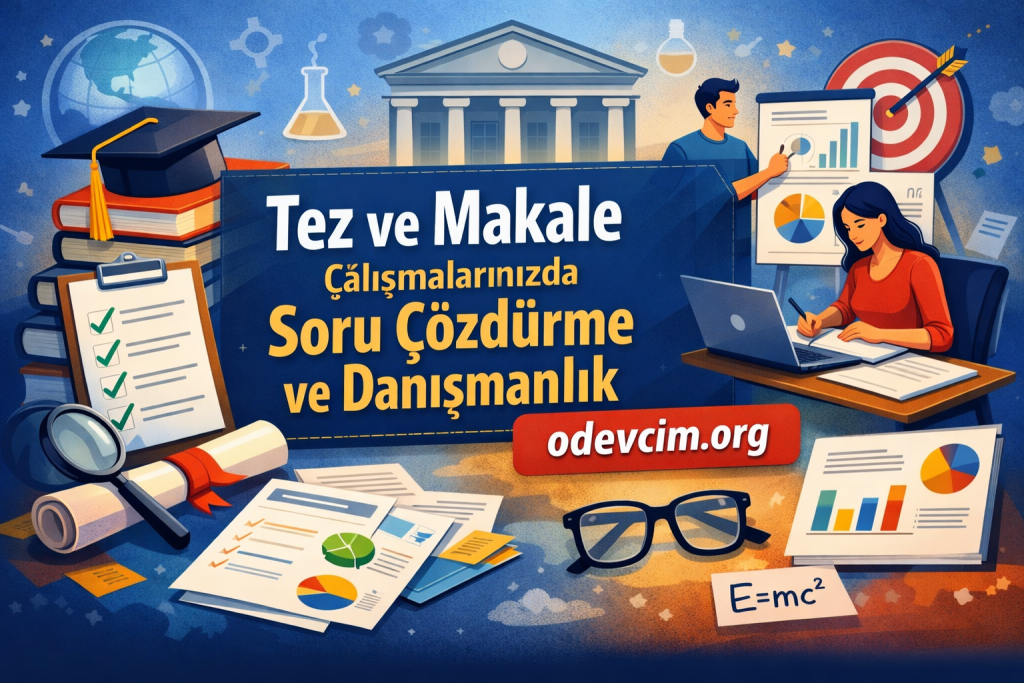 İlan tarzı illüstrasyon: tez ve makale çalışmaları için destek ve danışmanlık hizmetini vurgulayan görsel; üniversite binası arka planda, çalışanlar grafiklerle sunum yapıyor, masa başında laptop ve belgeler var.
