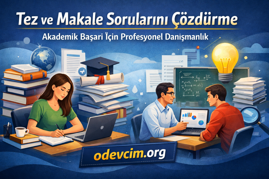 Banner showing two students collaborating on theses and articles, with laptops, stacks of books, globe, graduation cap, and a glowing light bulb, promoting odevim.org.