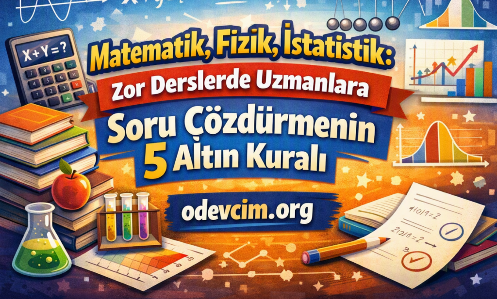 Vibrant educational poster promoting online resource odevim.org for solving difficult math, physics, and statistics problems.