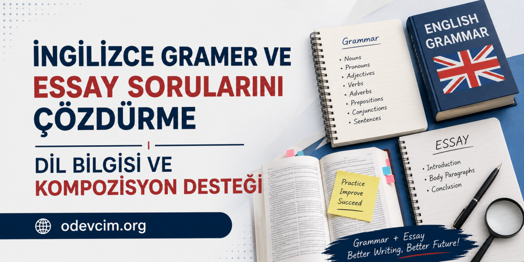 Turkish banner advertising English grammar and essay help; shows books, notebooks, and a study setup with a sticky note.