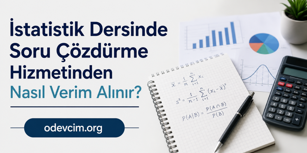 Turkish banner about getting the most from solving statistics problems, with graphs, a notebook, calculator, and plant; site odevim.org