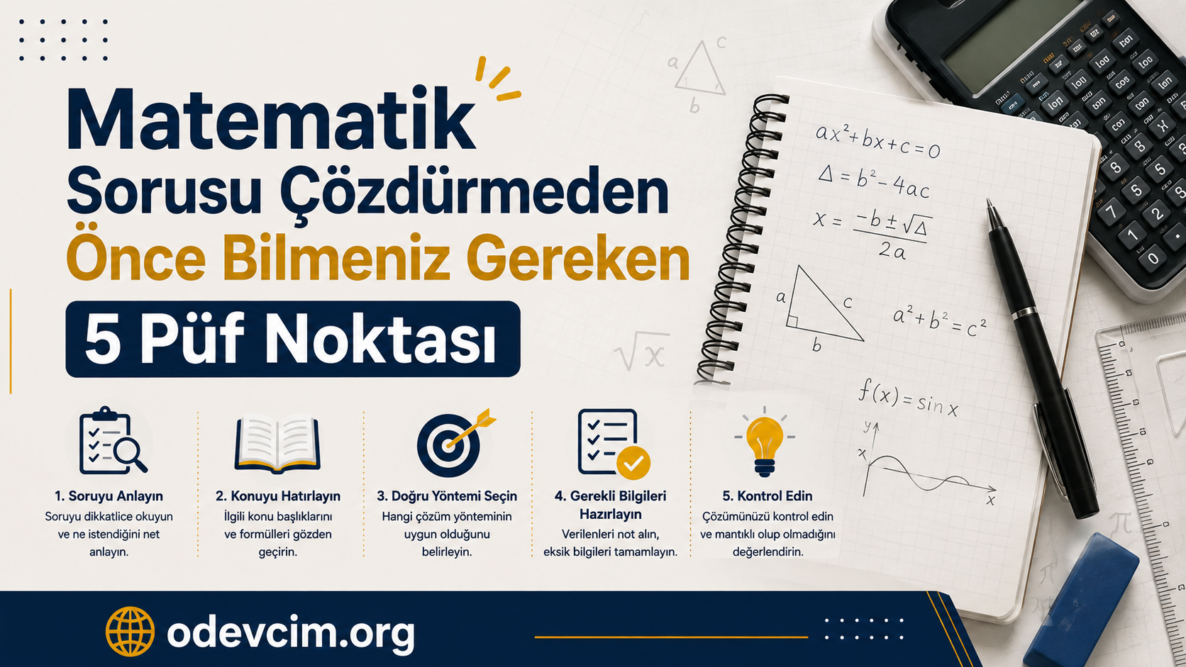 Matematik sorusu çözümünden önce bilinmesi gereken 5 püf noktası posterinde yer alan eğitim afişi.