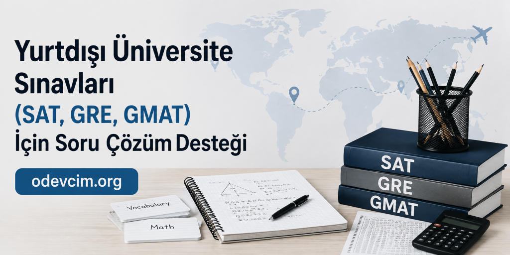 Turkish banner advertising prep help for SAT, GRE, GMAT with a world map background and study materials such as notebooks and pencils.